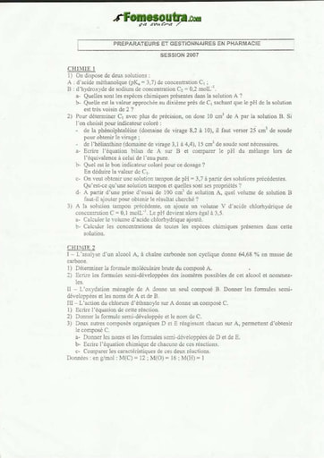 Sujet Chimie Préparateur et Gestionnaire en Pharmacie INFAS 2007