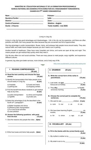 Model English exam 2026 9th Grade BY TEHUA