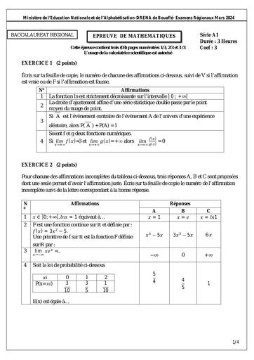 Bac blanc 2024 sujet Maths Série A1 dren bouaflé by Tehua