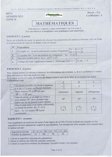 Bepc 2023 maths zone 2