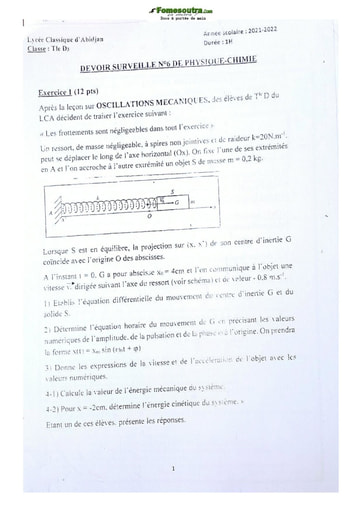 Devoir surveillé de Physique-Chimie Terminale D Lycée Classique Abidjan