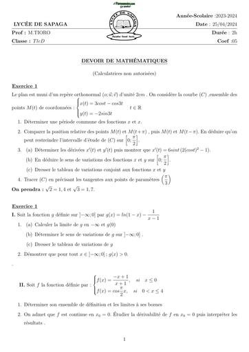 DEVOIR DE MATHS Tle D N°4 LYCEE DE SAPAGA 2024 BY TEHUA