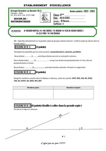 DEVOIR DE NIVEAU maths SAVANT 6ième By Tehua