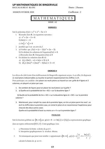 BAC BLANC REGIONAL 2021 BIENGERVILLE MATHS SERIE A2 BY TEHUA