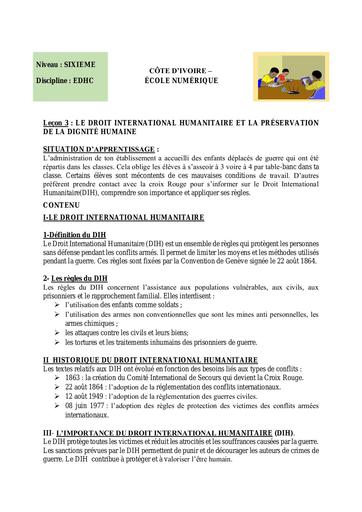 EDHC 6ème L3 LE DROIT INTERNATIONAL HUMANITAIRE ET LA PRÉSERVATION DE LA DIGNITÉ HUMAINE