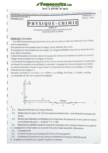 Sujet de Physique-Chimie Terminale D 2021