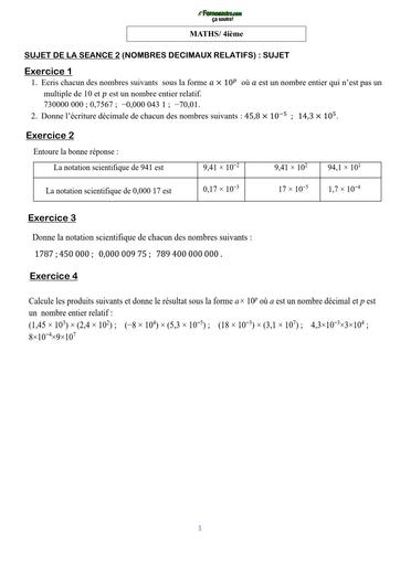COURS DE VACANCES MATHS 4ième SUJET 2 (NOMBRES DECIMAUX RELATIFS) by TEHUA