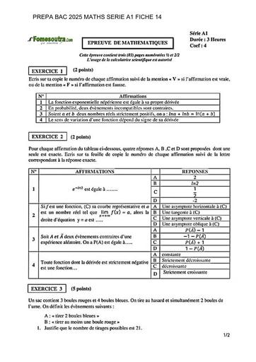 PREPA BAC 2025 MATHS SERIE A1 SUJET 14 BY TEHUA