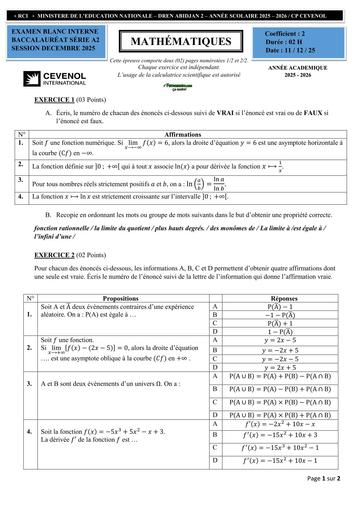 Sujet Maths BAC A2  Examen Blanc Interne Cevenol DECEMBRE 2025 BY TEHUA