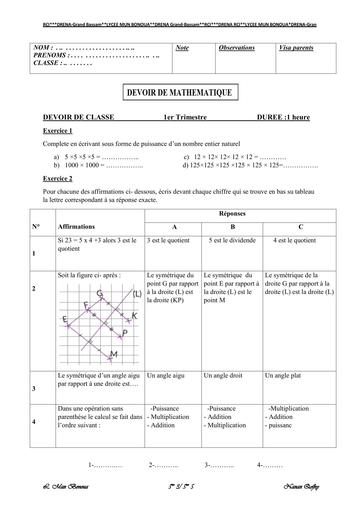DEVOIR DE MATHS 5ième TRIMESTRE 12022 BY TEHUA