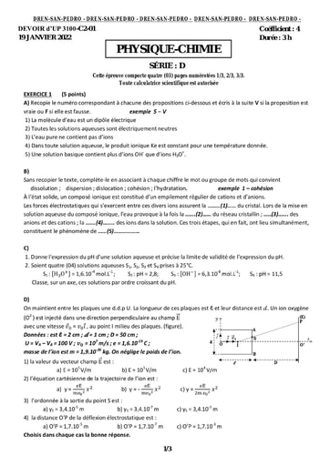 Devoir PHYSIQUE CHIMIE  San pédro 2022 Série D