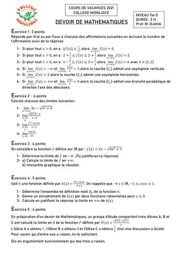 DEVOIR MATHS N°1 Tle D CV AOUT 2021 by DJAHASHIKAN