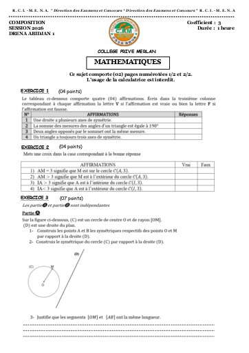 FICHE DE COMPOSITION MATHS NIVEAU 5ième MERLAN by TEHUA