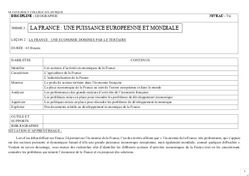 TH2 G2 TLE LA FRANCE UNE ECONOMIE DOMINEE PAR LE TERTAIRE