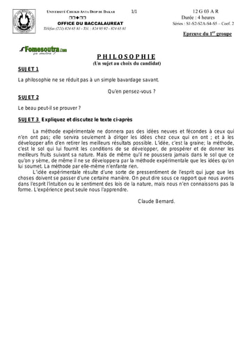 Sujet de philosophie BAC S1-S2-S3-S4-S5 2012 Sénégal