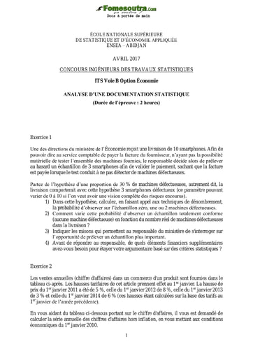 Sujet et Corrigé Analyse d'une Documentation Statistique ITS B option Economie 2017 (ENSEA)