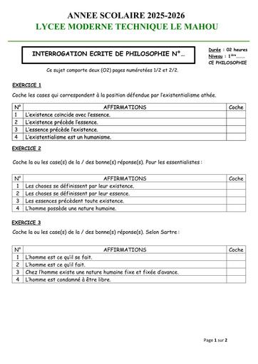 INTERROGATION 1 DE PHILO 1ière Avril 2026