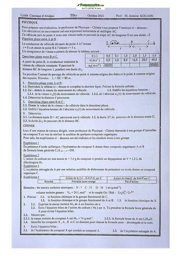 Sujet de Physique-Chimie Terminale D Lycée Classique Abidjan 2021-2022