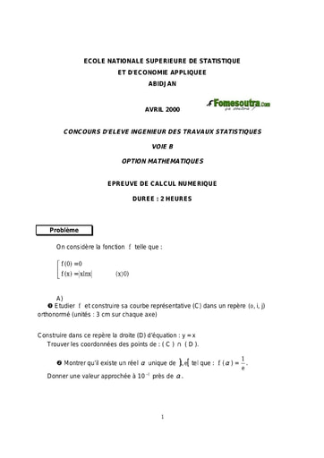 Sujet de Calcul numérique ITS B option Maths 2000 (ENSEA)