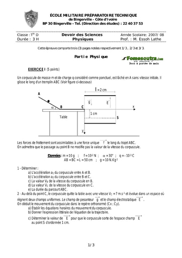 Devoir (20) Physique-Chimie niveau Terminale D - EMPT Bingerville