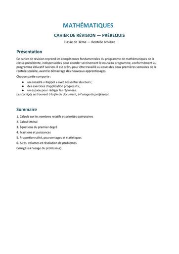 MATHS Cahier Revision Prerequis 3eme BY TEHUA