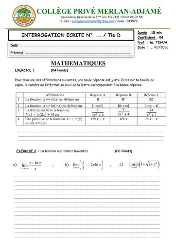 INTERROGATION ECRITE N°3 MATHS NIVEAU Tle D   FONCTION LN by TEHUA