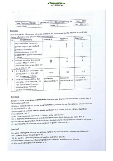 Devoir de Niveau Terminale D Lycée Classique Abidjan