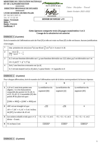 Devoir de Mathématiques niveau Terminale C - Lycée Moderne Jeunes Filles de Bouaké - Année scolaire 2021-2022