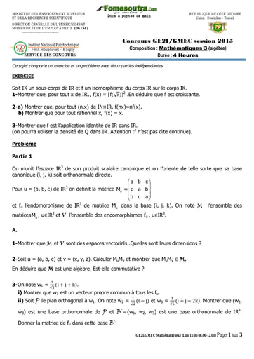 Sujet de Mathématique 3 concours GE2I/GMEC 2015