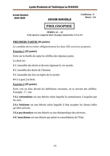 DEVOIR SURVEILLE PHILO TLe A1 ET A2 Lycée Moderne et Technique Le MAHOU SESSION AVRIL 2025