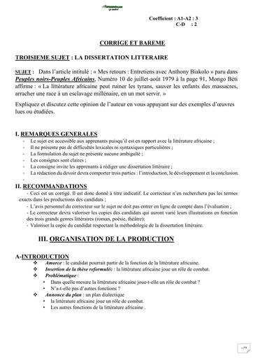 BAC BLANC MARS 2026 DRENA ABIDJAN 4 SUJET FR DISSERTATION LITTERAIRE SERIE ABCD (BAREME) by TEHUA