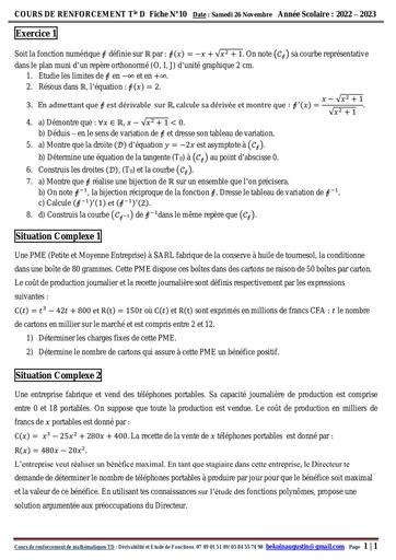 COURS DE RENFO N°10 DE MATHS TD Dérivabilité, Probabilités et Etude de Fonctions