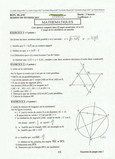 Sujet Maths BEPC blanc 2015 - Unité Pédagogique de Bingerville
