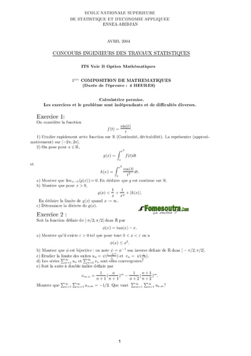 Sujet 1ère épreuve de maths ITS B option Maths 2004 (ENSEA)