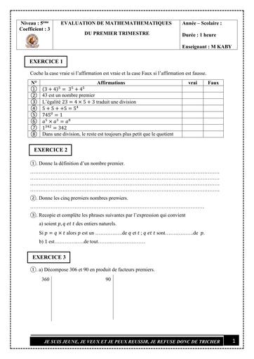 Devoir de Maths N°1 Niveau 5ème (Leçon 1) By Tehua