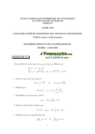 Sujet 1ère épreuve de maths ITS B option Maths 2002 (ENSEA)