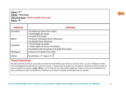 FCICHE DE COURS PC 3ième cours masse et poids by TEHUA