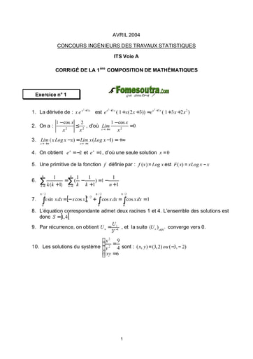 Corrigé 1ère épreuve de maths ITS A 2004 (ENSAE - ISSEA)