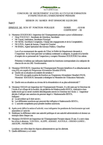 Sujet (1)  ECM et Fonction Publique - Inspecteur de l'Enseignement Primaire