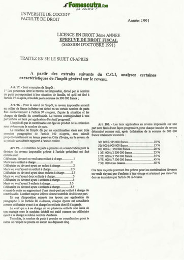 Sujet Droit Fiscal octobre 1991 - Licence Droit