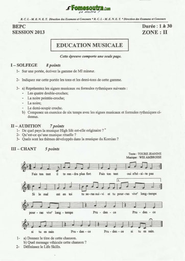 Sujet de Musique BEPC 2013 Zone 2