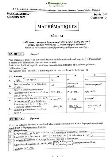 Sujet de Maths BAC A1 2022