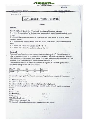 Devoir de Physique-Chimie niveau 1ere D année scolaire 2019/20 - Lycée Classique d'Abidjan