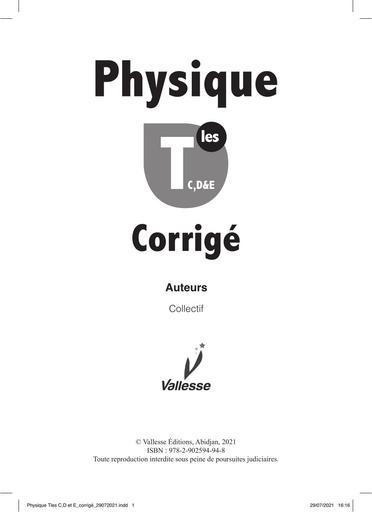 Corrigé Habileté Vallesse Physique Tle CDE By Tehua