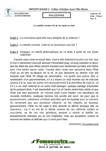 Sujet de Philosophie BAC blanc série D 2020 - Collège Catholique Jeunes Filles Béoumi (DRENETFP BOUAKE 2)