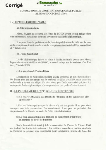 Corrigé de l'épreuve de Droit International Public - Octobre 1996