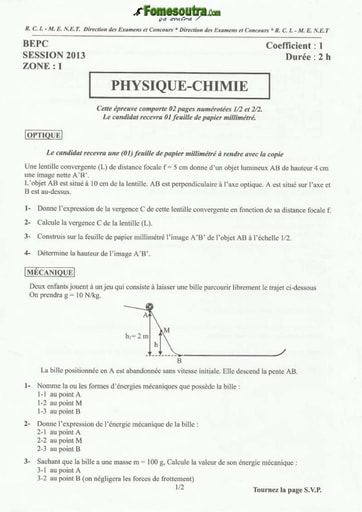 Sujet de Physique Chimie BEPC 2013 zone 1