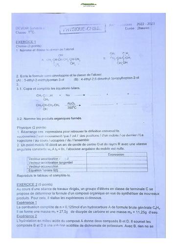 Sujets de Physique-Chimie Terminale C Lycée Classique 2023