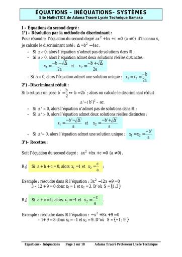 Cours sur les équations inéquations systèmes