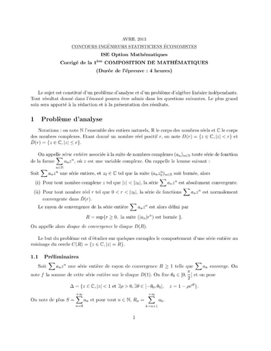 Corrigé Sujet 1ère épreuve de maths ISE option maths 2013 (ENSEA - ISSEA - ENSAE)